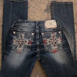 Miss Me Dark Blue Boot Cut Jeans with Embellished Pockets